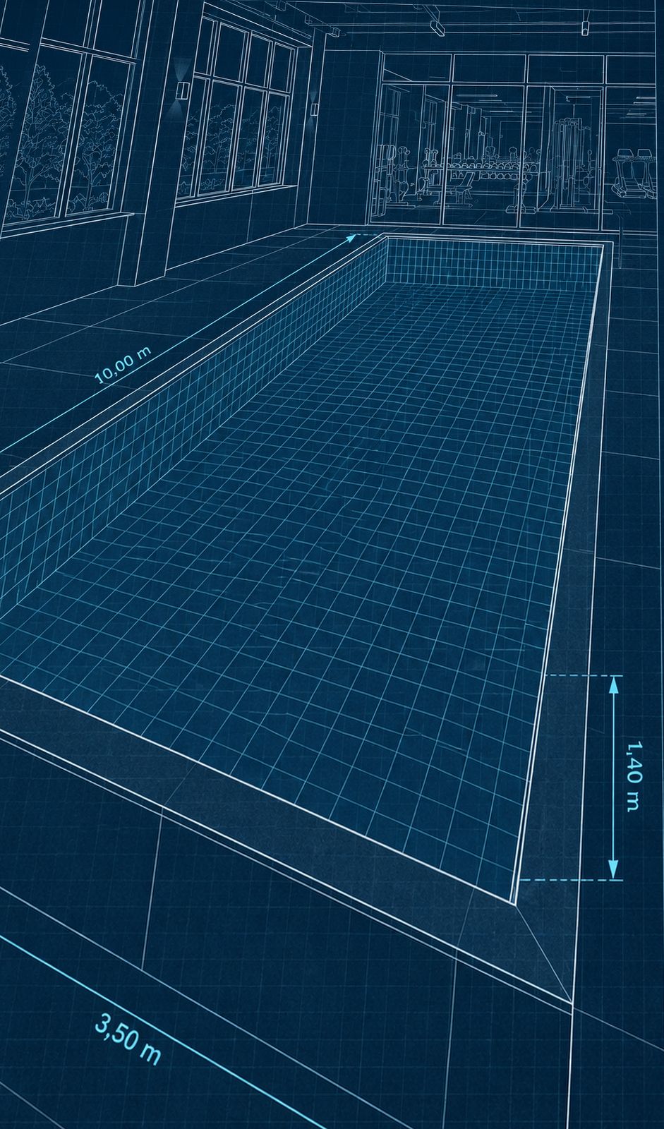 O mesmo enquadramento em desenho técnico: a piscina na academia em linhas brancas sobre azul, com as medidas