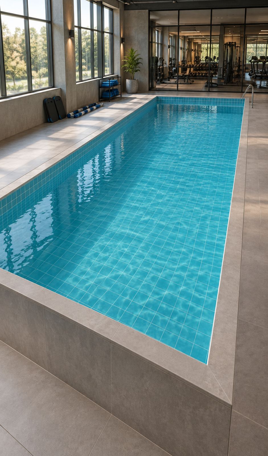 Visualização ilustrativa de uma piscina do Projeto Garden instalada numa academia, com pastilhas azuis.